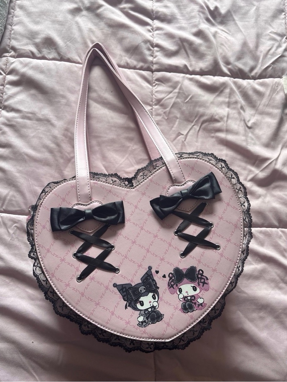 Sanrio Pink Heart Tote with Black Lace & Bow Accents My melody & kuromi